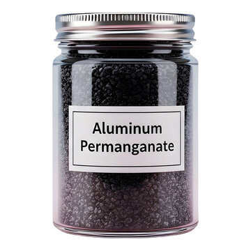 Aluminum permanganate crystals in a glass jar with a silver lid and label