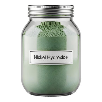Nickel hydroxide powder in a clear glass jar with a silver lid on transparent background