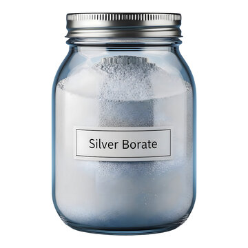 Glass jar filled with silver borate powder on transparent background for industrial or scientific use