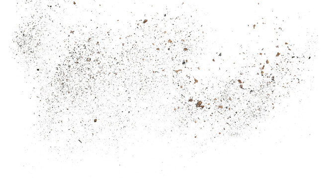Pieces, dust of tree bark and ashes flying, isolated on white background and texture, clipping path	