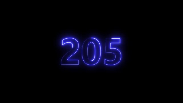 Neon number 205 glowing bright on black background 4k video..