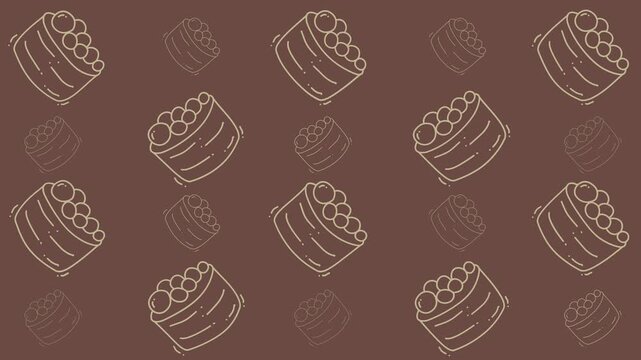 Dessertthemed doodle with various treats is great for food blogs, menus, packaging designs, and recipe cards to add visual interest. Bursting brown background makes it fun and delightful.