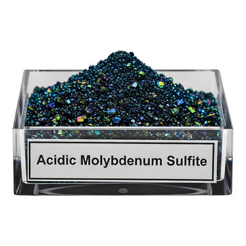 Acidic molybdenum sulfite powder in glass container on transparent background for science and industry
