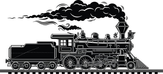 Vintage Steam Locomotive Train Silhouette with Smoke on Railway Track Classic Transportation Vector Illustration © Ayejoddin