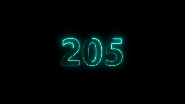 Neon number 205 glowing bright on black background 4k video..