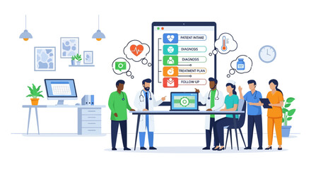 Diverse Medical Team Collaborating on Digital Health Technology.