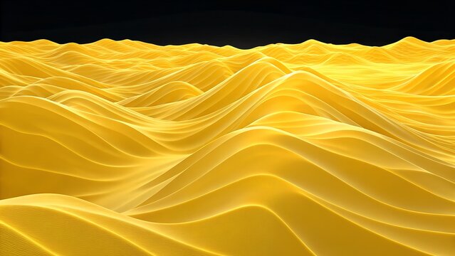 Abstract Yellow Wavy Surface with Smooth Undulating Forms and Dark Background Keywords: abstract