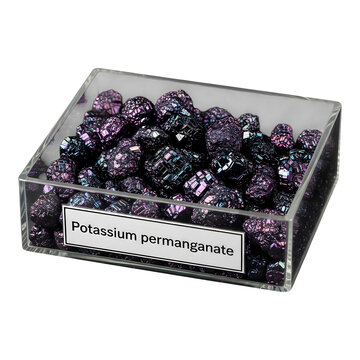 Potassium permanganate crystals in a clear container with a labeled sign on transparent background