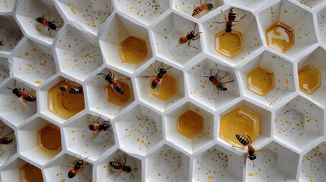 A detailed close-up of a honeycomb structure with multiple yellow-amber hexagons filled with a viscous liquid and surrounded by bees