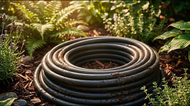 Black coiled garden hose with water droplets on mulch in a lush green outdoor setting, suitable for gardening, lawn care, home improvement, watering, and summer projects.