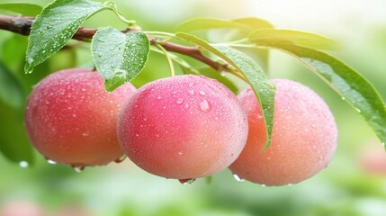 Ripe Plums with Water Droplets Hanging on a Branch in Sunlight