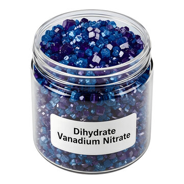 Container filled with blue and purple crystals labeled dihydrate vanadium nitrate on transparent background