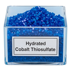Clear glass container filled with blue cobalt thiosulfate crystals and labeled hydrated cobalt thiosulfate