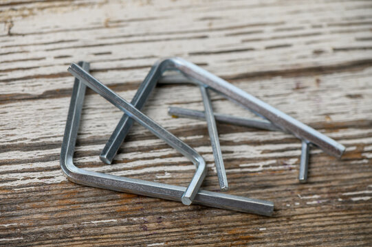 Small hex key set laid out on table for repair and DIY