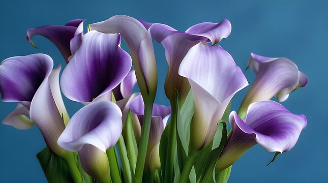 A bouquet of calla lilies presents against a solid teal background. The flowers display gradients of purple and white. They have vibrant green stems