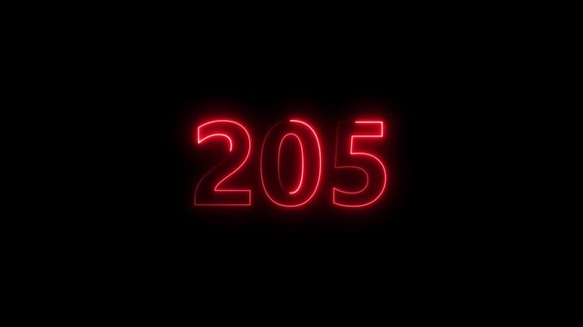 Neon number 205 glowing bright on black background 4k video..