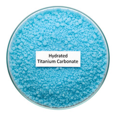 Blue hydrated titanium carbonate powder in a glass petri dish isolated on transparent background