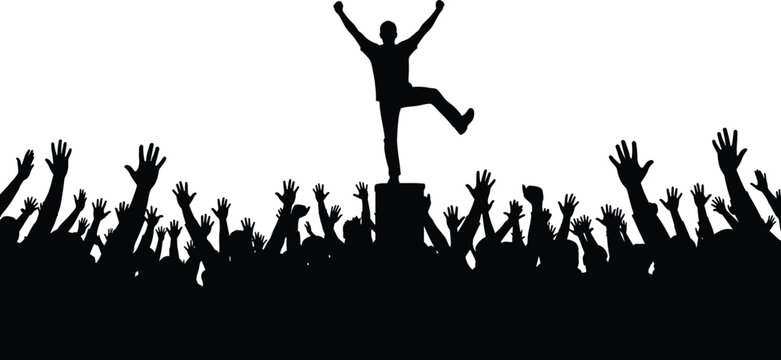 Winner standing on podium with cheering crowd silhouette success celebration vector illustration isolated background