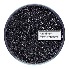 Aluminum permanganate crystals in petri dish isolated on transparent background for laboratory use
