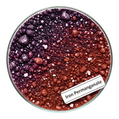 Iron permanganate crystals in glass bowl with label isolated on transparent background