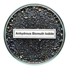 Anhydrous bismuth iodide crystals in a glass container isolated on transparent background
