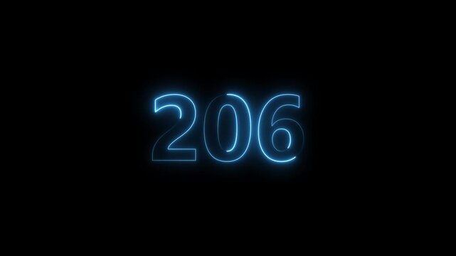 Neon number 206 glowing bright on black background 4k video..