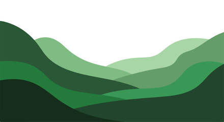 Fototapeta premium Illustration of layered green hills in varying shades against a white background with a minimalist design