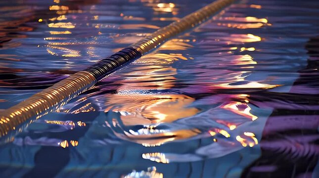 A detailed shot of water with a lane rope across the top. Reflections of light create colors of orange, gold, blue, and purple