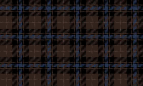 Seamless plaid fabric in brown, blue, and black. Classic design, perfect for fashion, clothing, and textiles requiring a modern and sophisticated look.