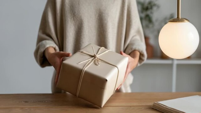 Woman in cozy beige sweater holding a beautifully wrapped gift box with twine on a wooden table. Warm ambient lighting creates a festive and inviting atmosphere for celebration