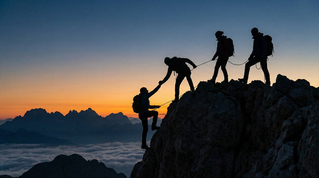 Silhouette of a team of mountaineers ascending a rocky peak at sunset with one person offering a helping hand symbolizing teamwork support and overcoming challenges