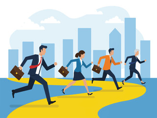 Obraz premium Business people running to work in city with briefcases office workers in a hurry