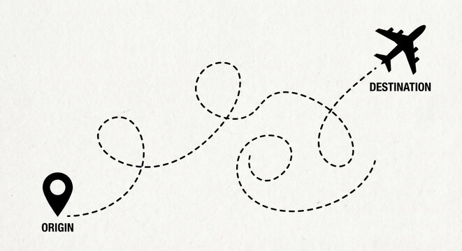 Minimalist airplane travel route with a dotted line path from origin to destination a simple vector graphic for global journey concepts and logistics