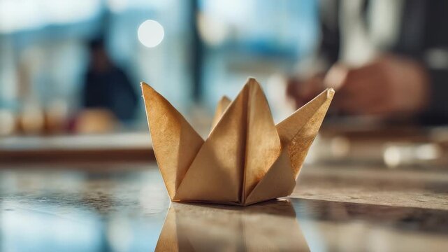 Closeup of a handmade origami paper crown placed on a wooden table in a sunlit room. The background is softly blurred, highlighting the delicate craftsmanship and creative atmosphere