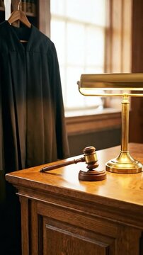 Black robe hangs beside wooden desk with gavel and lamp in courtroom setting