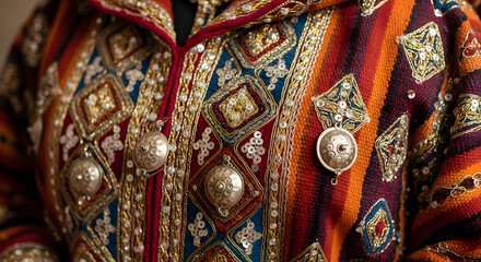 Vibrant embroidered jacket with gold sequins and beads. Generative AI