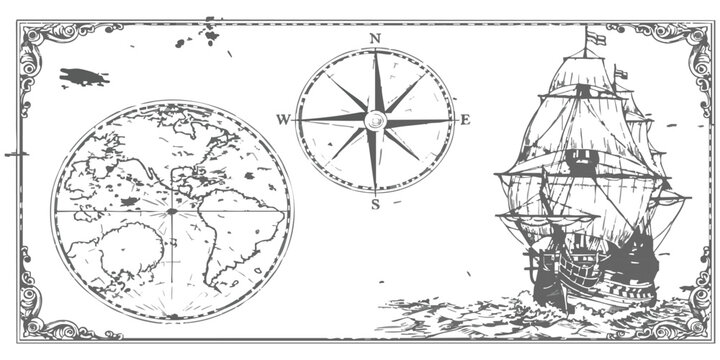 Vintage nautical adventure map illustration featuring a classic sailing ship compass rose and world globe in antique style vector