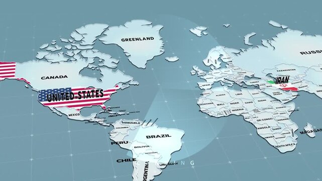The United States and Iran using their national flags, the United States map, Iran map, north america map, World map, Iran Flag, US IRAN, animation