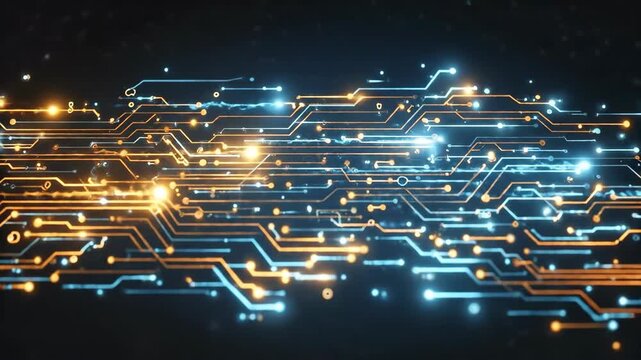Futuristic digital circuitry with glowing blue and orange lines.