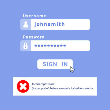 Incorrect password error notification in user account login form. Username and password input form. Logging in problem. User authorization interface UI vector elements.