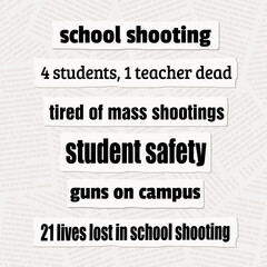 Obraz premium School shootings in the US. Mass shooting tragedy news. News headlines from print newspapers.