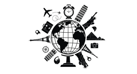Obraz premium Travel icons surrounding a world globe in a striking black silhouette