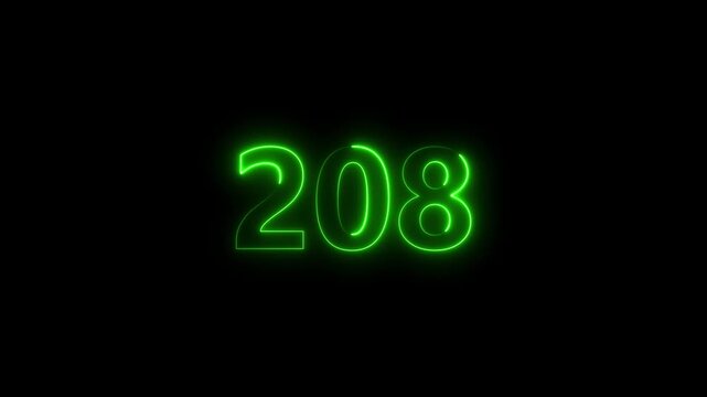 Neon number 208 glowing bright on black background 4k video..
