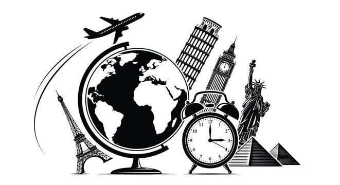 Global landmarks and travel icons in a striking black silhouette