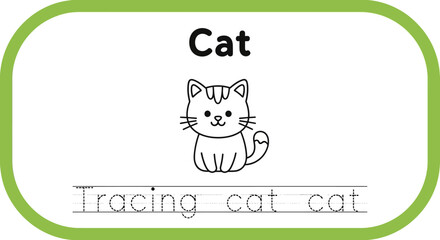 Cat tracing worksheet for kids. Cute cartoon cat illustration.