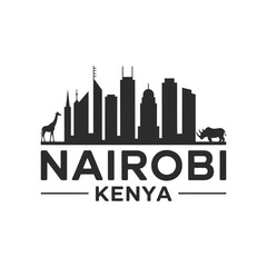 Nairobi kenya skyline with giraffe and rhinoceros silhouettes illustration