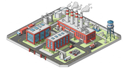 Isometric view of an industrial complex with multiple buildings and structures.