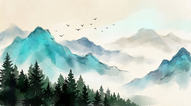 Serene misty mountain landscape with pine trees and flying birds rendered in a traditional Asian watercolor ink wash style perfect for nature-inspired designs
