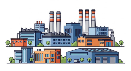 Industrial complex illustration featuring various buildings and smokestacks, a city scene.