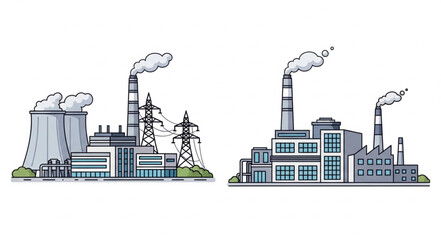 Obraz premium Two industrial power plants with smoke stacks emitting pollution into the atmosphere.
